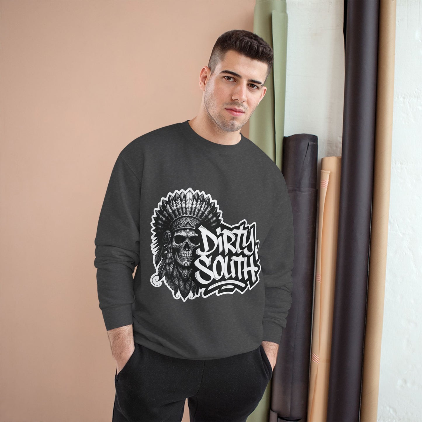 Champion Sweatshirt with Bold Artwork, Casual Streetwear, Graphic Crewneck, Hip Hop Fashion, Unisex Sweatshirt