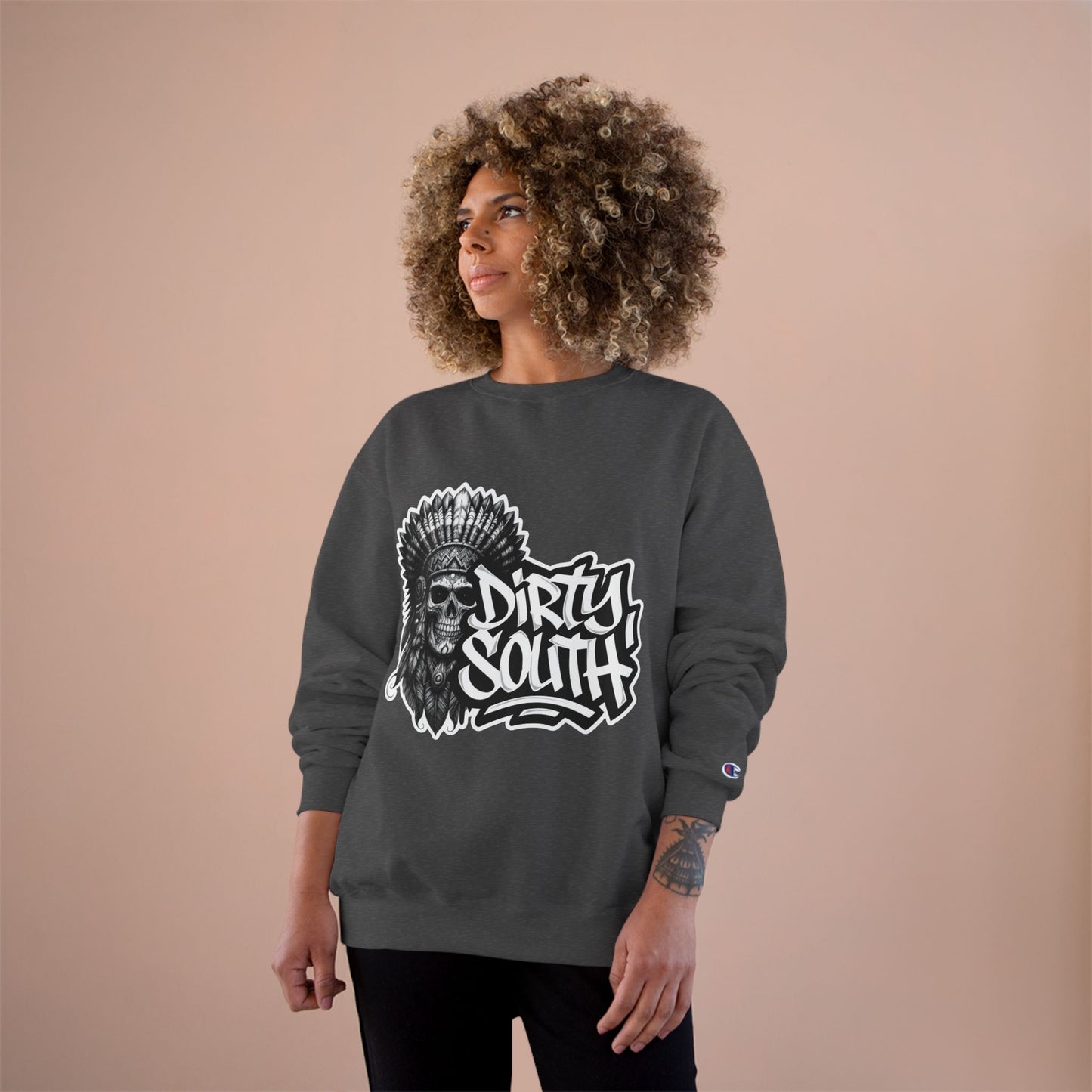 Champion Sweatshirt with Bold Artwork, Casual Streetwear, Graphic Crewneck, Hip Hop Fashion, Unisex Sweatshirt
