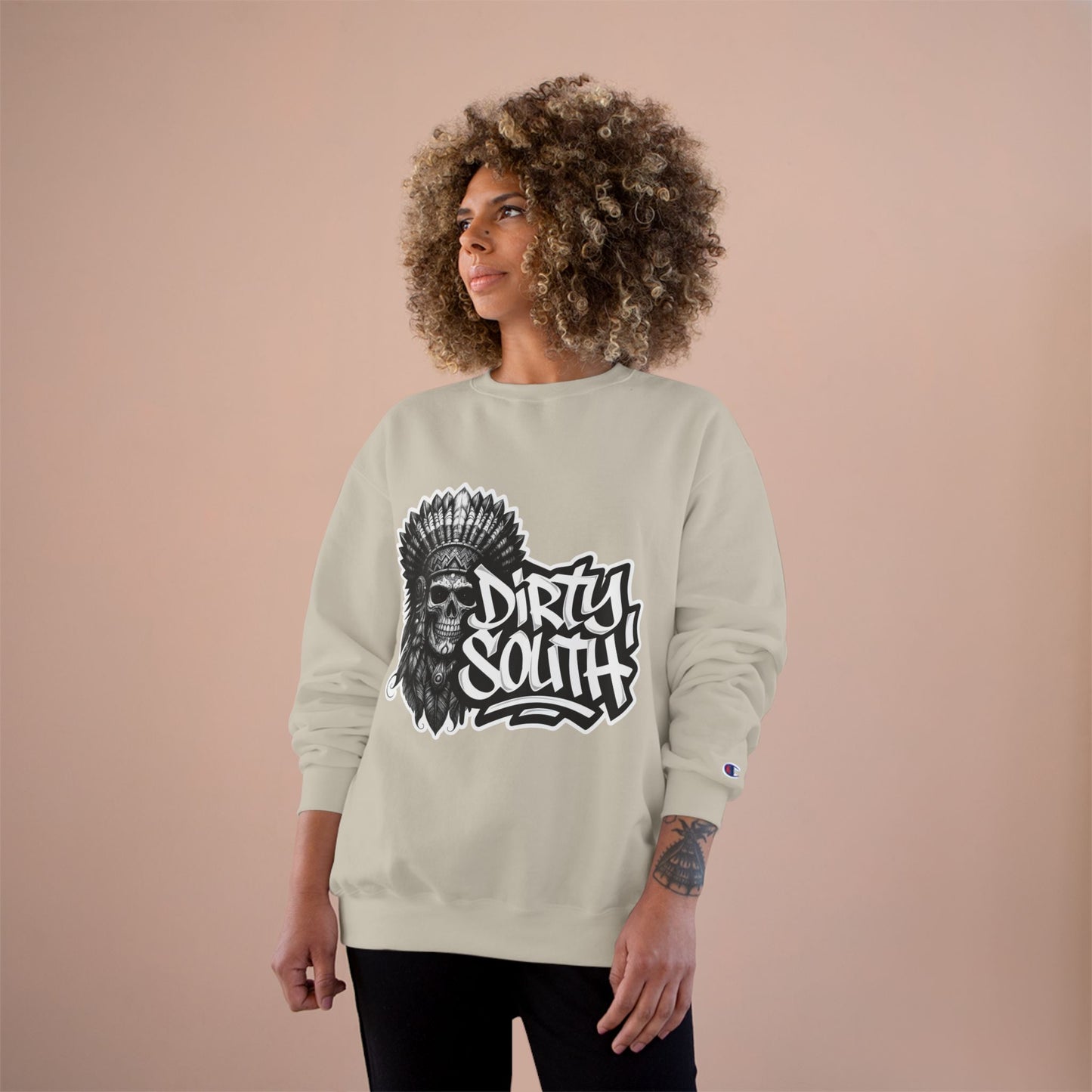 Champion Sweatshirt with Bold Artwork, Casual Streetwear, Graphic Crewneck, Hip Hop Fashion, Unisex Sweatshirt
