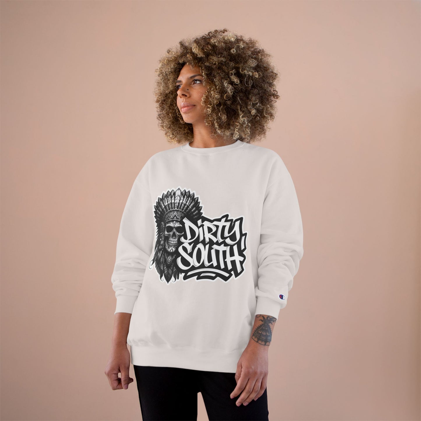 Champion Sweatshirt with Bold Artwork, Casual Streetwear, Graphic Crewneck, Hip Hop Fashion, Unisex Sweatshirt