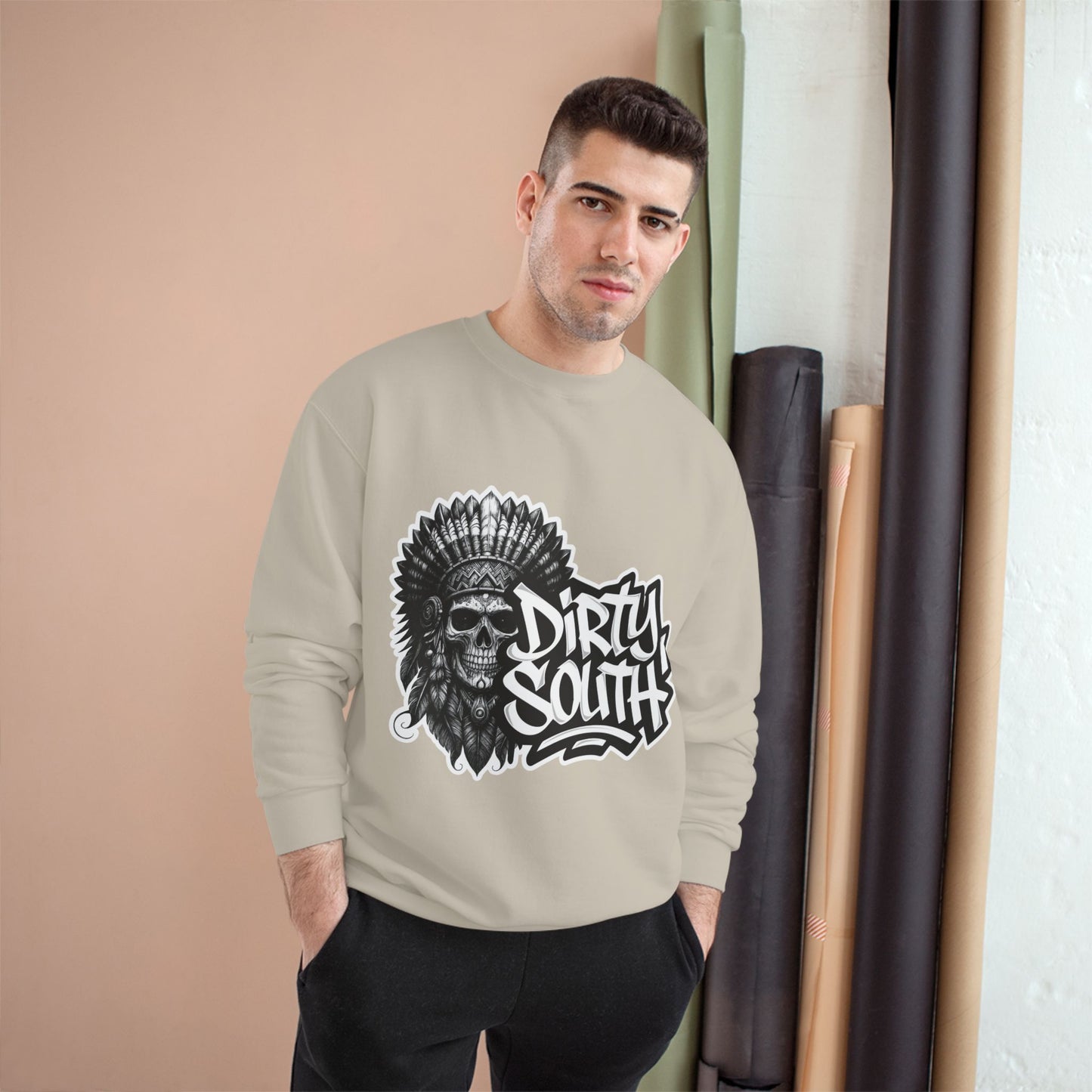 Champion Sweatshirt with Bold Artwork, Casual Streetwear, Graphic Crewneck, Hip Hop Fashion, Unisex Sweatshirt