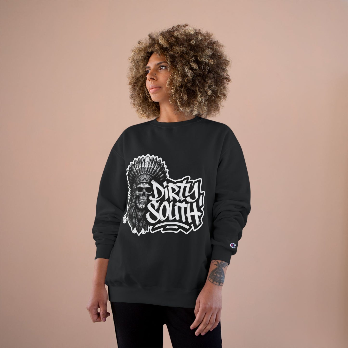 Champion Sweatshirt with Bold Artwork, Casual Streetwear, Graphic Crewneck, Hip Hop Fashion, Unisex Sweatshirt