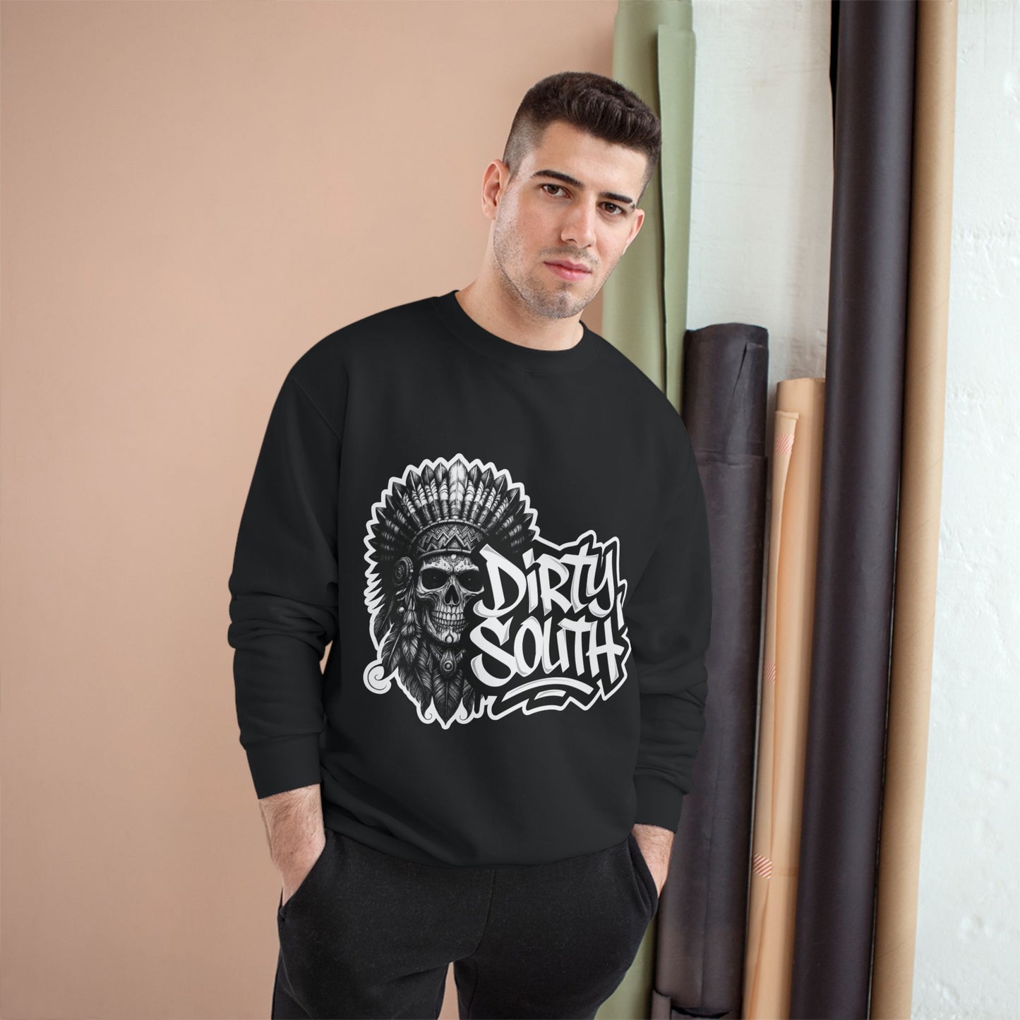 Champion Sweatshirt with Bold Artwork, Casual Streetwear, Graphic Crewneck, Hip Hop Fashion, Unisex Sweatshirt